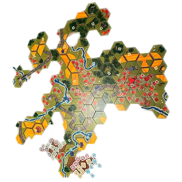 Dorfromantiks spelplan, man ska bygga den själv under spelets lopp, vilket gör varje omgång helt unik.