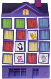 Katten på taket spelplan, där man ska matcha katter med rätt färger.