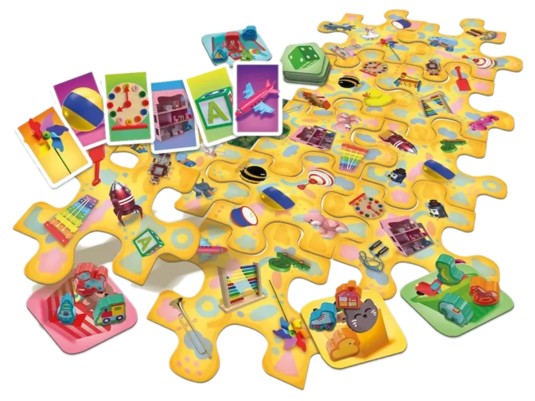 Kurragömma i Leksaksaffären spelplan, med mycket färger och roliga regler lockar det till spelglädje.