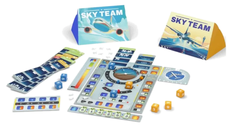 Sky Team brädspel spelplan där man ska samarbeta för att lösa uppgifterna.