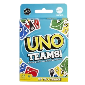 UNO Teams är ett mycket roligt familjespel som tar klassikern UNO till nästa nivå. Här tävlar man i lag och det gäller att både inte åker ut.